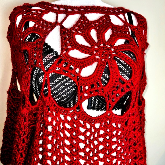 Red Hand Crochet Bell Sleeves Sweater! Size Large - Picture 8 of 15